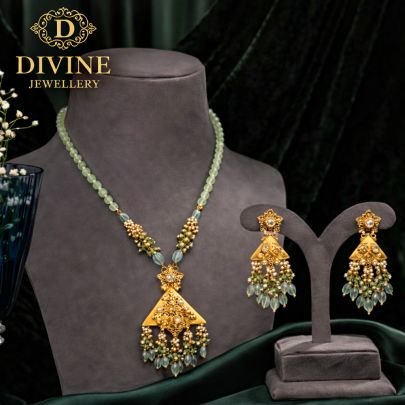 Pastel Green Beaded Pendant Necklace Set with Antique Gold Triangle Pendant | 92.5 Silver Gold Plated Jewellery by Divine Jewellery