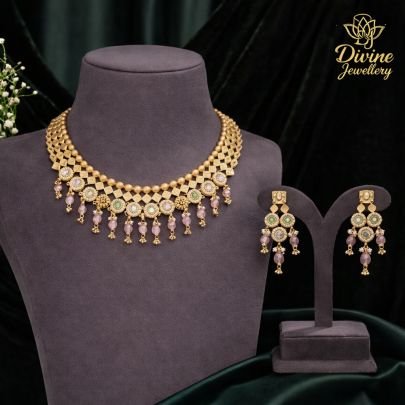 Pastel Stone Choker Necklace Set with Drop Elements – 92.5 Silver Gold Plated Elegant Jewellery