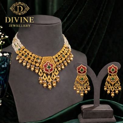 Pearl Choker Necklace Set with Kundan Meenakari Pendant & Earrings | 92.5 Silver Gold Plated Jewellery by Divine Jewellery