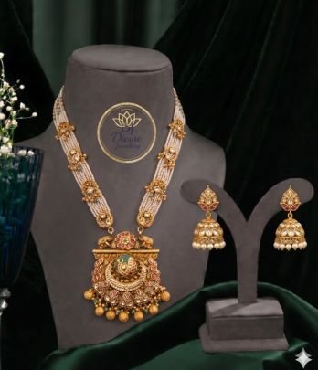 Pearl Mala Pendant Necklace Set with Elephant Motif & Antique Gold Finish – 92.5 Silver Gold Plated Jewellery