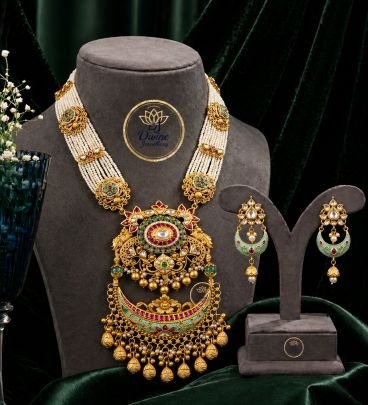 Pearl Multi-Strand Temple Necklace Set with Grand Pendant & Enamel Detailing – 92.5 Silver Gold Plated Bridal Jewellery