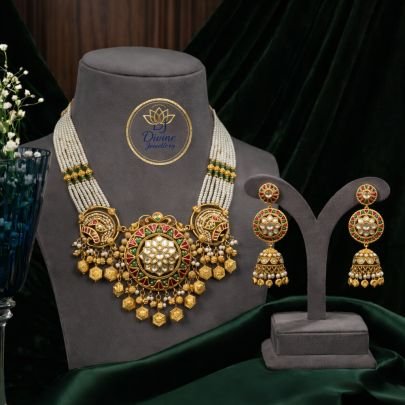 Pearl Temple Long Necklace Set with Antique Pendant – 92.5 Silver Gold Plated Traditional Jewellery
