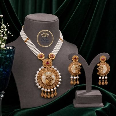 Pearl Temple Radha Krishna Pendant Necklace Set with Earrings in 92.5 Silver Gold Plated | Bridal Choker Jewellery – Divine Jewellery