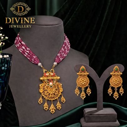 Pink Beaded Temple Pendant Necklace Set with Antique Earrings | 92.5 Silver Gold Plated Jewellery by Divine Jewellery