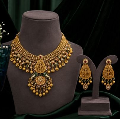 Premium Antique Gold-Plated Bridal Necklace Set with Multicolor Kundan Stones & Statement Earrings