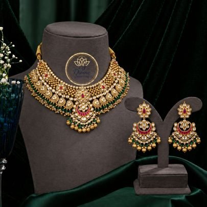 Premium Kundan Bridal Choker Necklace Set with Pearl Layers & Green Beads – 92.5 Silver Gold Plated Antique Jewellery