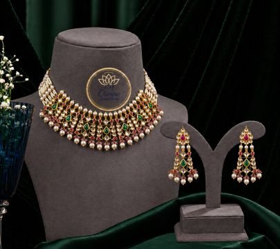Premium Kundan Pearl Choker Necklace Set with Meenakari Work & Drop Pearls – 92.5 Silver Gold Plated Bridal Jewellery