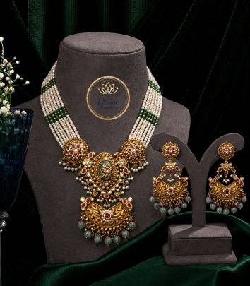 Premium Multi-Layer Pearl Temple Necklace Set with Antique Pendant & Meenakari Kundan Work – 92.5 Silver Gold Plated Bridal Jewellery