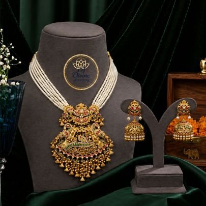 Premium Temple Pearl Necklace Set with Antique Pendant, Kundan Stones & Meenakari Work – 92.5 Silver Gold Plated Bridal Jewellery