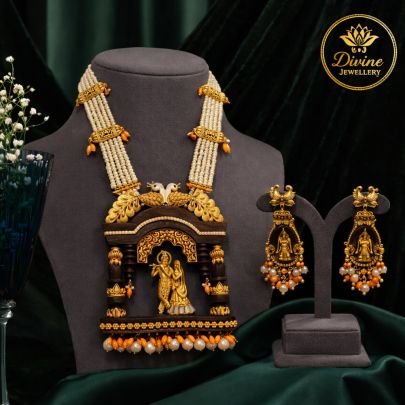 Radha Krishna Temple Jewellery Necklace Set with Pearl Strands – 92.5 Silver Gold Plated