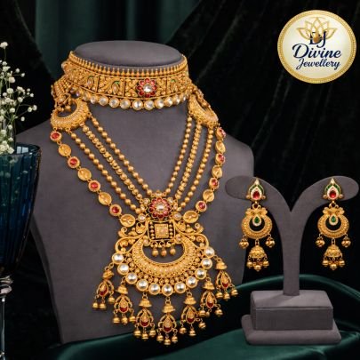 Rajwada Bridal Layered Temple Necklace Set with Statement Pendant & Jhumka Earrings – 92.5 Silver Gold Plated Jewellery