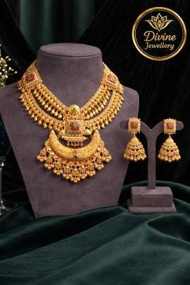 Rajwadi Antique Temple Necklace Set with Jhumka Earrings – 92.5 Silver Gold Plated Bridal Jewellery