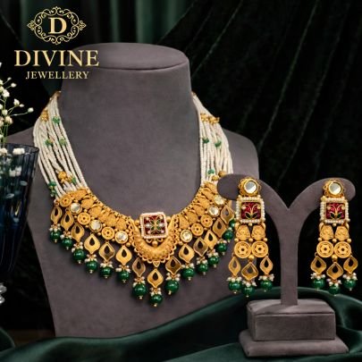 Rajwadi Meenakari Pearl Layered Necklace Set with Green Drops | 92.5 Silver Gold Plated Jewellery by Divine Jewellery