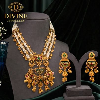 Rajwadi Multi-Layer Pearl Necklace Set with Temple Pendant & Meenakari Work | 92.5 Silver Gold Plated Jewellery by Divine Jewellery