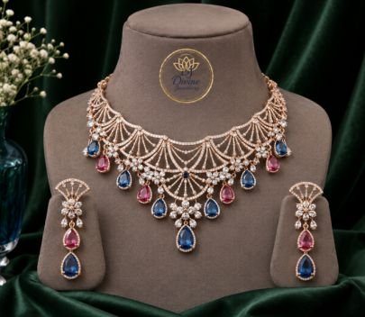 Rose Gold Crystal Necklace Set for Women | Blue & Pink Teardrop Stone Statement Necklace with Matching Earrings | Wedding Party Wear Jewellery