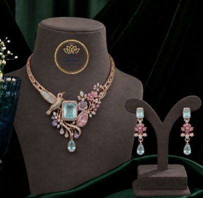 Rose Gold Crystal Statement Necklace Set for Women | Floral Bird Design Pendant Necklace with Matching Earrings | Party Wear Fashion Jewellery
