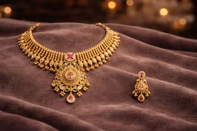 Royal Antique Bridal Necklace Set with Red & Green Stones – 92.5 Silver Gold Plated Traditional Jewellery Set