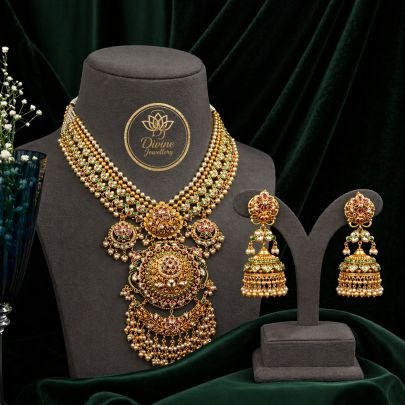 Royal Antique Bridal Necklace Set with Grand Temple Pendant & Jhumka Earrings – 92.5 Silver Gold Plated Jewellery