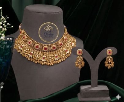 Royal Antique Choker Necklace Set with Kundan Stones & Red Meenakari Work – 92.5 Silver Gold Plated Bridal Jewellery