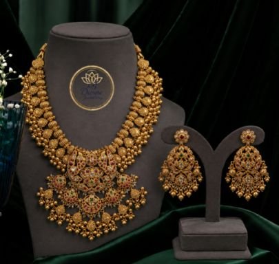 Royal Antique Gold Plated Bridal Necklace Set with Matching Statement Earrings, Traditional Kundan Temple Jewelry Set for Women, Wedding Party Wear Et
