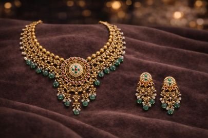 Royal Antique Kundan Necklace Set with Green Bead Drops – 92.5 Silver Gold Plated Bridal Jewellery