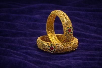 Royal Antique Temple Bangles with Ruby & Emerald Stones – 92.5 Silver Gold Plated Traditional Bangles