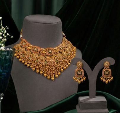 Royal Antique Temple Choker Necklace Set with Kundan & Gold Bead Fringe – 92.5 Silver Gold Plated Bridal Jewellery | Divine Jewellery