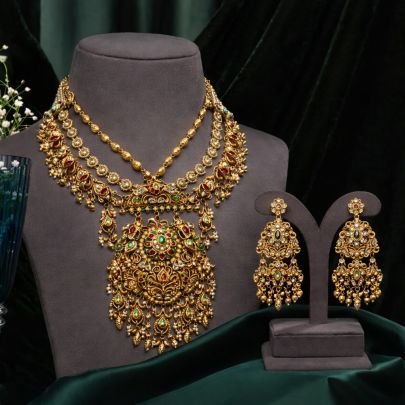 Royal Antique Temple Necklace Set with Grand Pendant & Kundan Detailing – 92.5 Silver Gold Plated Bridal Jewellery | Divine Jewellery