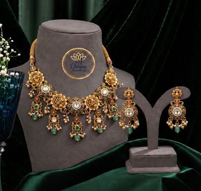 Royal Antique Temple Necklace Set with Kundan Stones, Green Drops & Pearl Hangings – 92.5 Silver Gold Plated