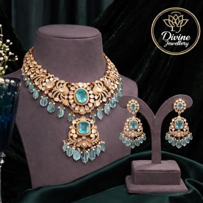 Royal Aqua Kundan Necklace Set with Statement Pendant & Drop Earrings – 92.5 Silver Gold Plated