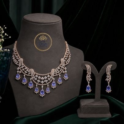 Royal Blue Sapphire Drop Necklace Set with Earrings – 92.5 Silver Gold Plated