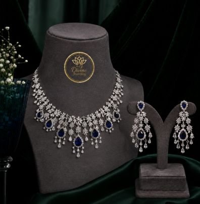 Royal Blue Sapphire Stone Necklace Set with Long Earrings | Gold Plated 92.5 Silver Jewellery