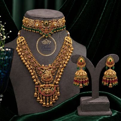 Royal Bridal Choker & Long Haar Necklace Set with Jhumka Earrings – 92.5 Silver Gold Plated Temple Jewellery