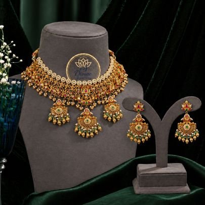 Royal Bridal Choker Necklace Set with Pearl Layer & Multi-Pendant Design – 92.5 Silver Gold Plated Jewellery