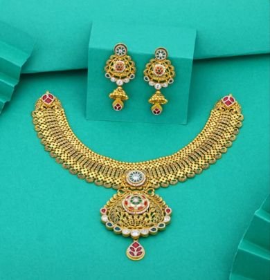 Royal Broad Temple Choker Necklace 92.5 Silver Gold-Plated Set with Kundan Stones and Earrings