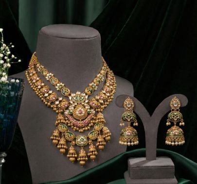 Royal Dual Layer Temple Necklace Set with Kundan, Green & Pink Detailing – 92.5 Silver Gold Plated Bridal Jewellery | Divine Jewellery