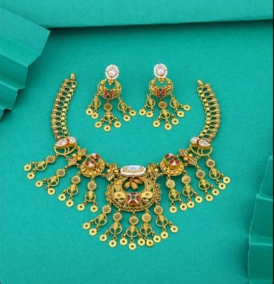 Royal Elephant Temple Choker 92.5 Silver Gold-Plated Necklace Set with Kundan Stones & Earrings