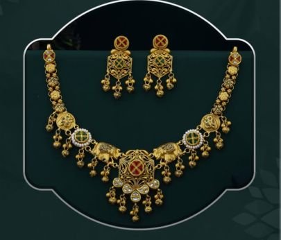 Royal Elephant Temple Filigree 92.5 Silver Gold-Plated Necklace Set with Statement Earrings