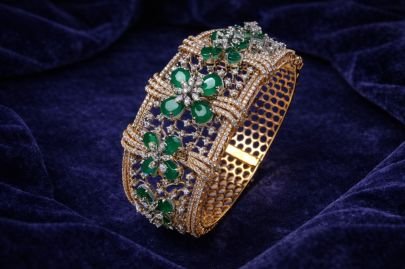 Royal Emerald Floral Designer Kada in 92.5 Silver with Gold Plating