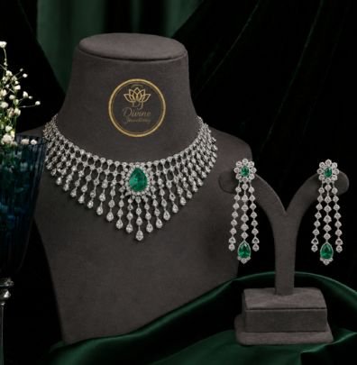 Royal Emerald Green Bridal Choker Necklace Set with Long Earrings | Gold Plated 92.5 Silver Jewellery