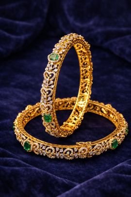 Royal Emerald Kundan Designer Bangles in 92.5 Silver with Gold Plating