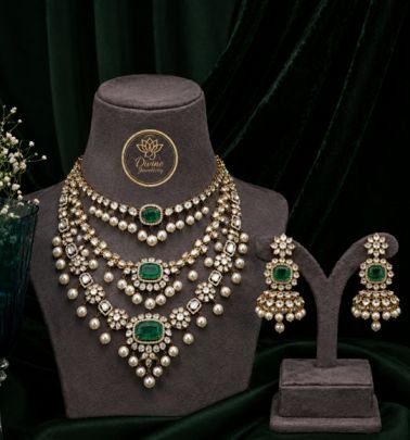 Royal Emerald Pearl Layered Bridal Necklace Set with Jhumka Earrings | Gold Plated 92.5 Silver Jewellery