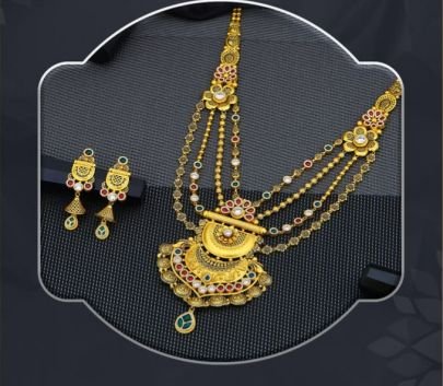 Royal Floral Multi-Layer Temple Long Necklace 92.5 Silver Gold-Plated Set with Kundan Stones & Earrings