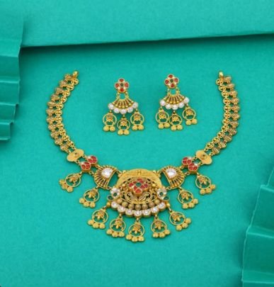Royal Floral Temple Necklace 92.5 Silver Gold-Plated Set with Kundan Stones and Earrings