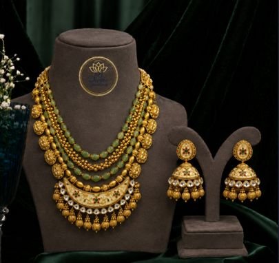 Royal Green Beaded Antique Necklace Set with Coin Design & Jhumka Earrings for Women | Divine Jewellery