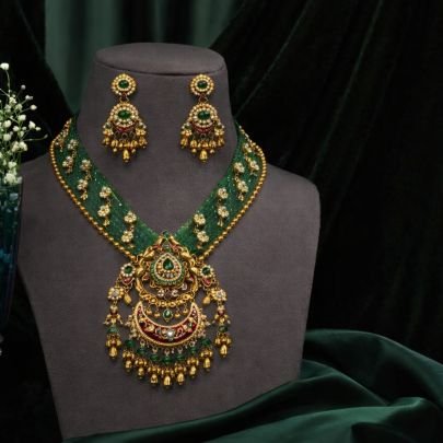 Royal Green Mesh Bridal Necklace Set with Heavy Pendant – 92.5 Silver Gold Plated Jewellery | Divine Jewellery