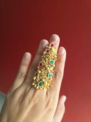 Royal Heritage Long Finger Ring with Red & Green Teardrop Stones – Antique Gold Finish Statement Jewelry for Women