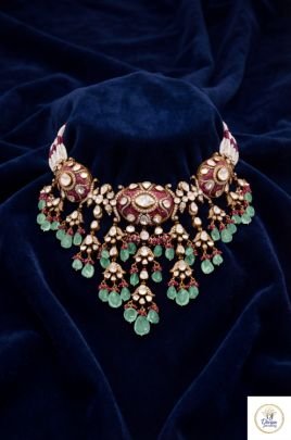 Royal Heritage Polki Choker Necklace with Emerald Drops & Ruby Accents | 92.5 Silver Gold Plated | Divine Jewellery
