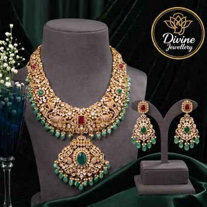 Royal Kundan Bridal Necklace Set with Emerald Drops & Statement Pendant – 92.5 Silver Gold Plated