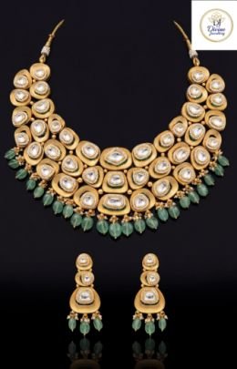 Royal Kundan Choker Necklace Set with Green Drops & Earrings – 92.5 Silver Gold Plated Bridal Jewellery | Divine Jewellery